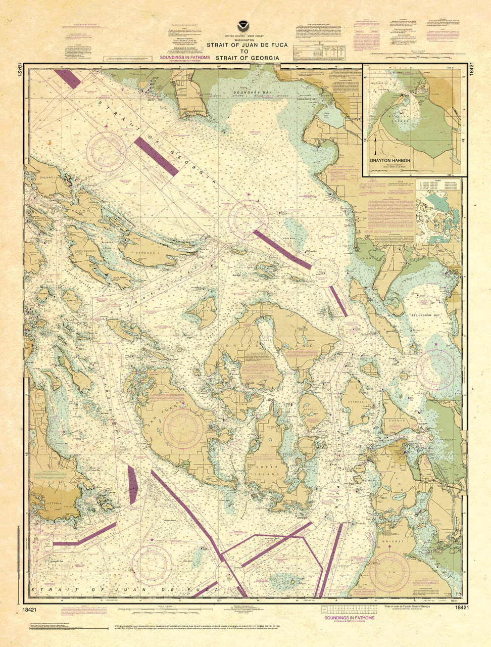 NOAA Chart 18421: Strait of Juan de Fuca to Strait of Georgia;Drayton Harbor, Format: Antiqued Paper
