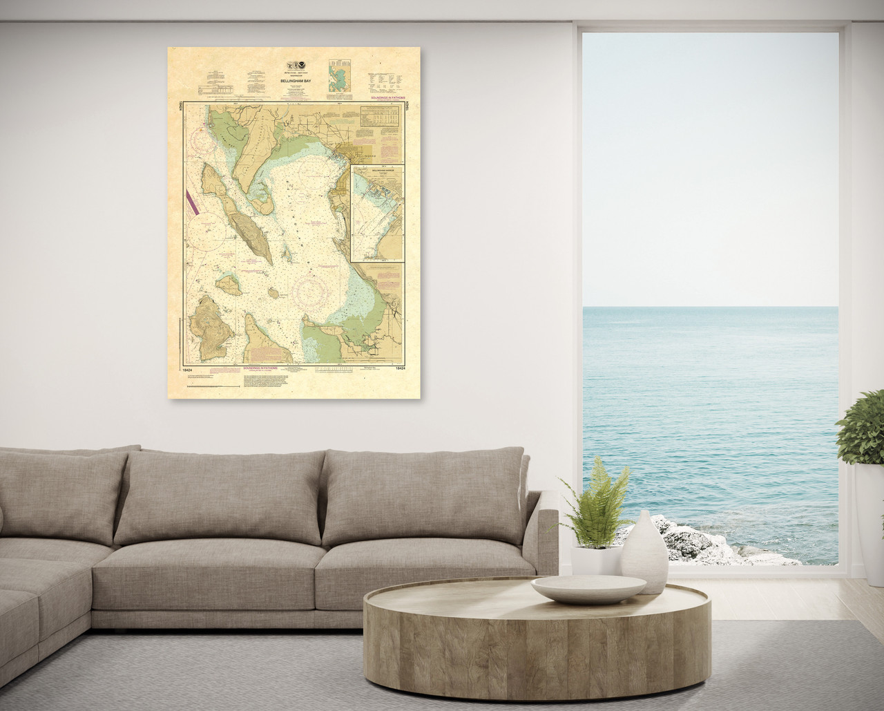 ANTIQUED NOAA Chart 18424: Bellingham Bay; Bellingham Harbor