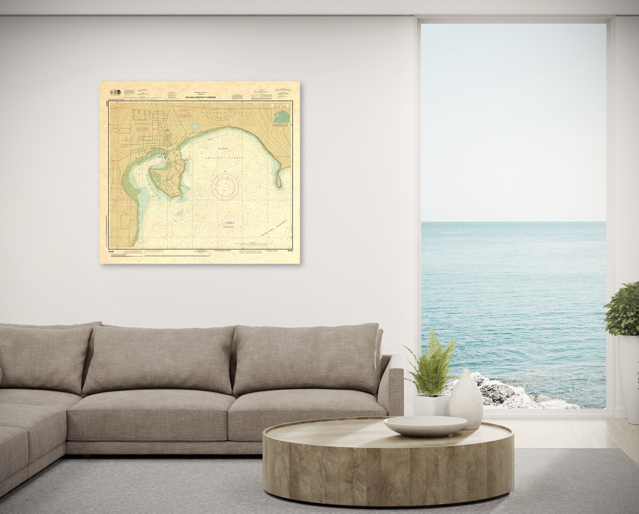 ANTIQUED NOAA Chart 18428: Oak and Crescent Harbors