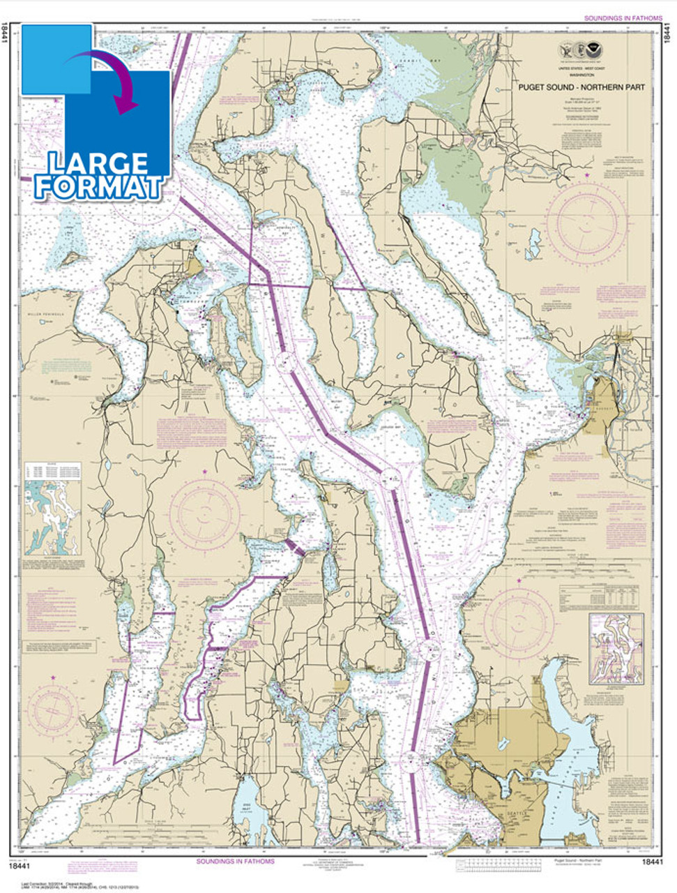 Large Format NOAA Chart 18441: Puget Sound-northern part