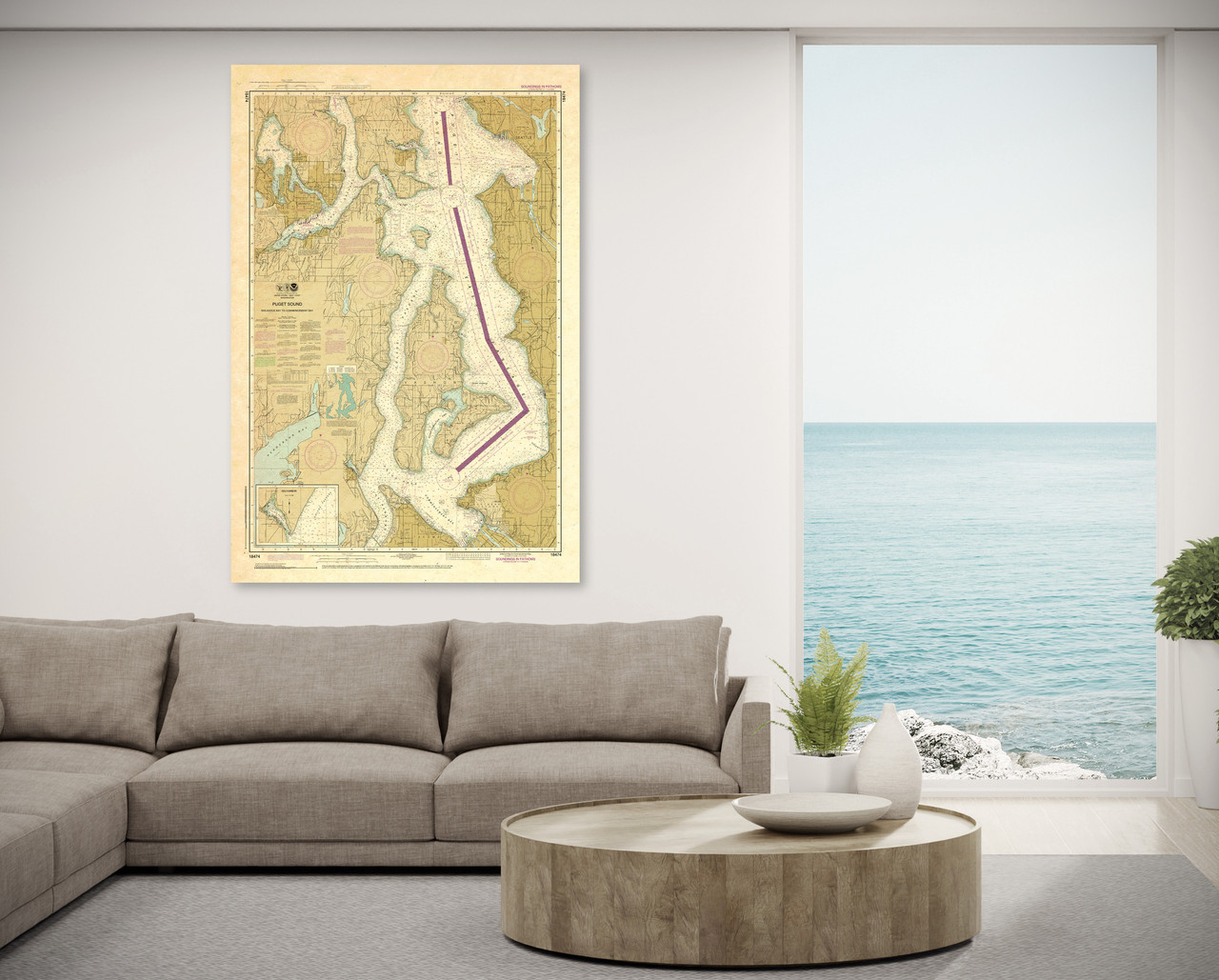 ANTIQUED NOAA Chart 18474: Puget Sound-Shilshole Bay to Commencement Bay