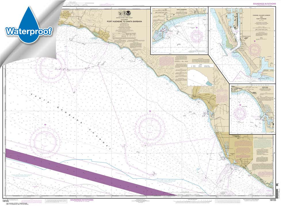 Waterproof NOAA Chart 18725: Port Hueneme to Santa Barbara;Santa Barbara;Channel Islands Harbor and Port Hueneme;Ventura