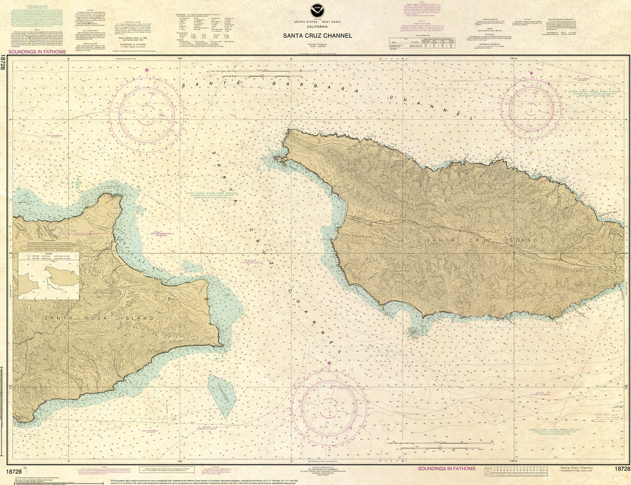 ANTIQUED NOAA Chart 18728: Santa Cruz Channel
