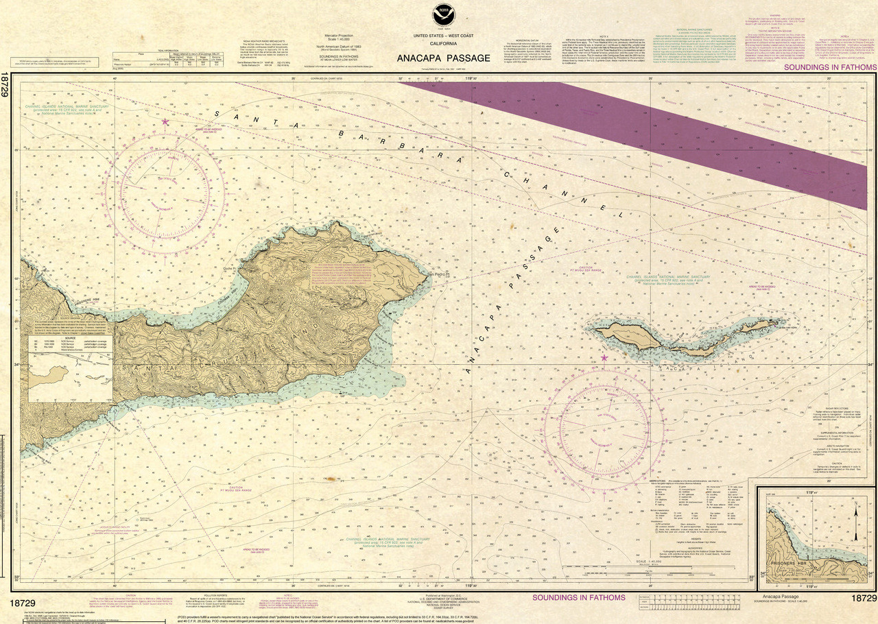 ANTIQUED NOAA Chart 18729: Anacapa Passage; Prisoners Harbor