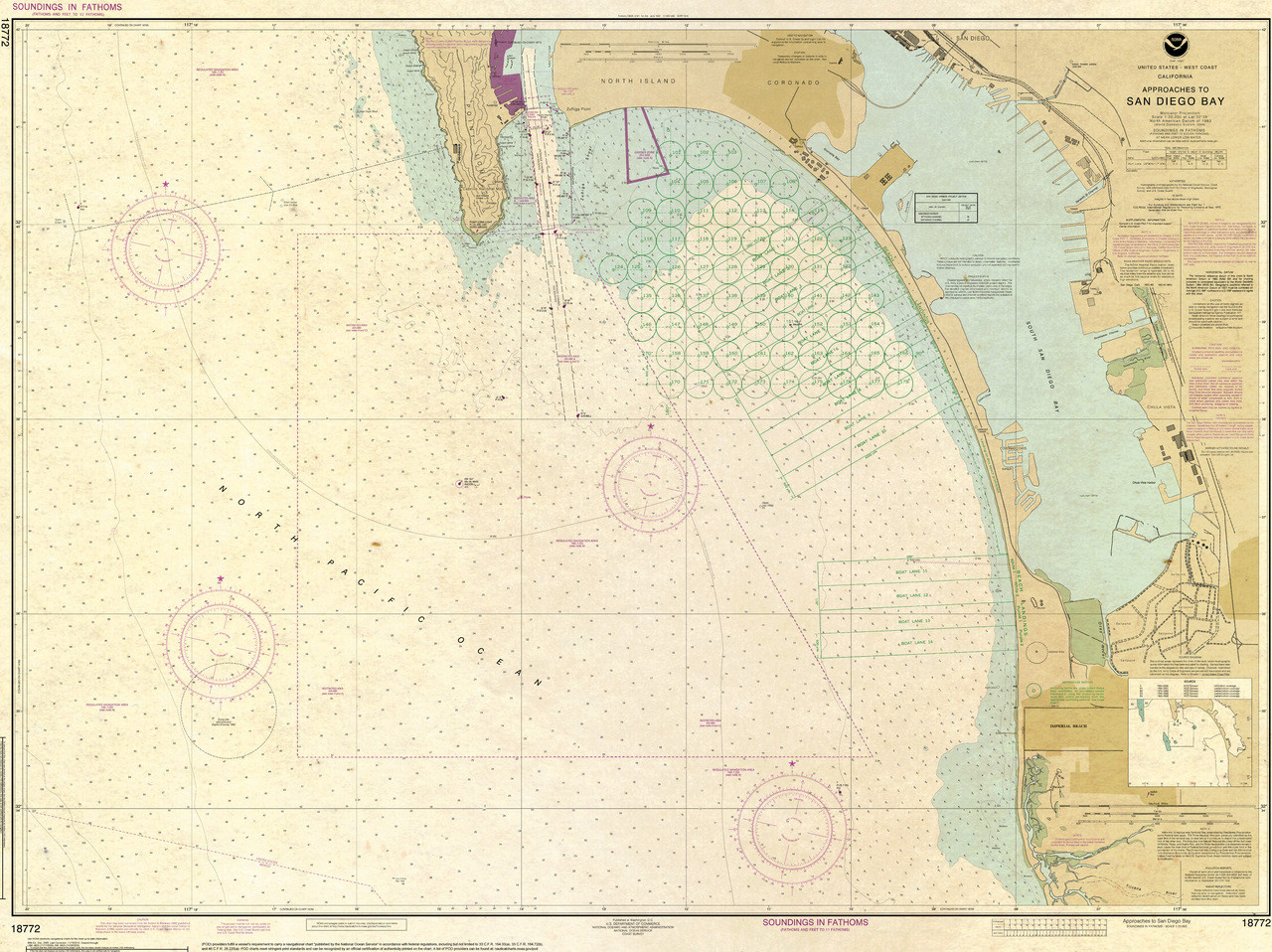 ANTIQUED NOAA Chart 18772: Approaches to San Diego Bay