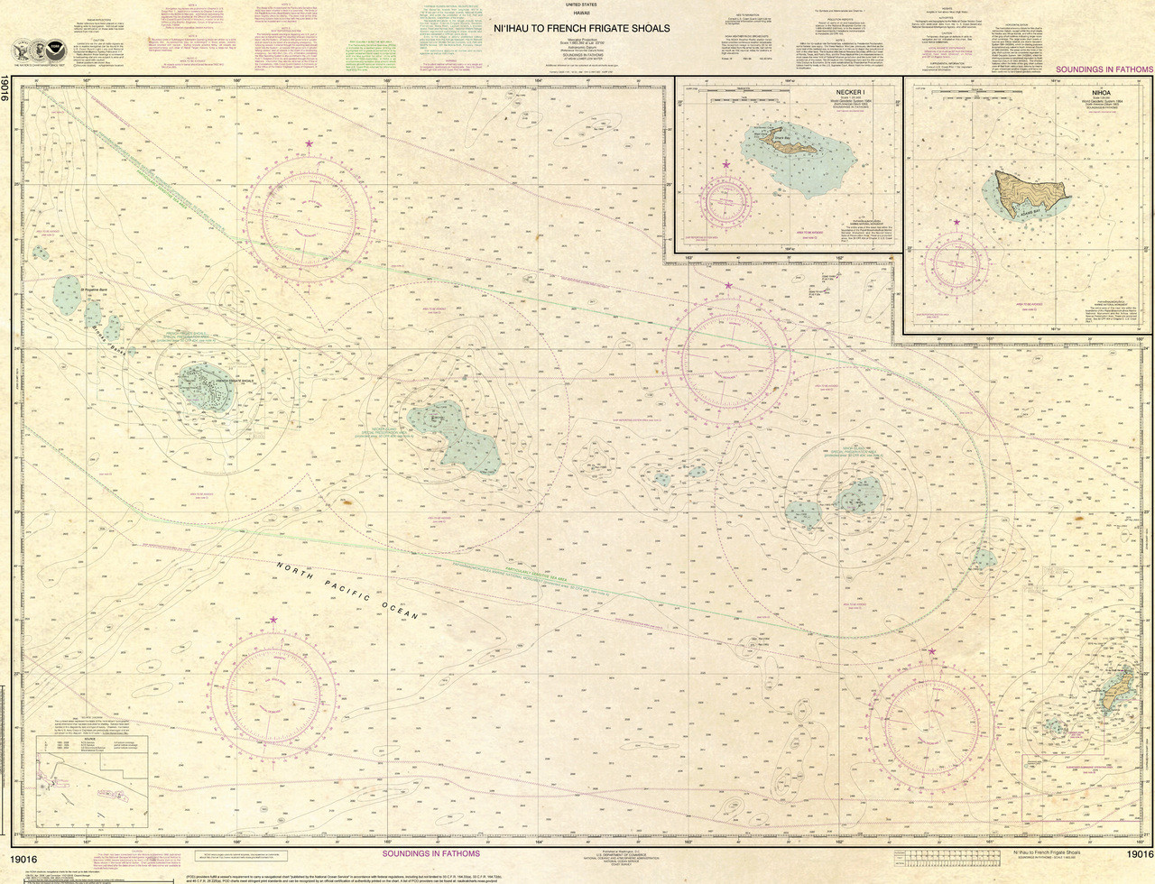 ANTIQUED HISTORICAL NOAA Chart 19016: Ni'ihau to French Frigate Shoals; Necker Island; Nihoa