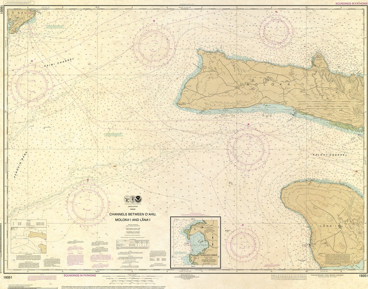 ANTIQUED NOAA Chart 19351: Channels Between O'ahu: Moloka'i and Lana'i; Kaumalapa'u Harbor