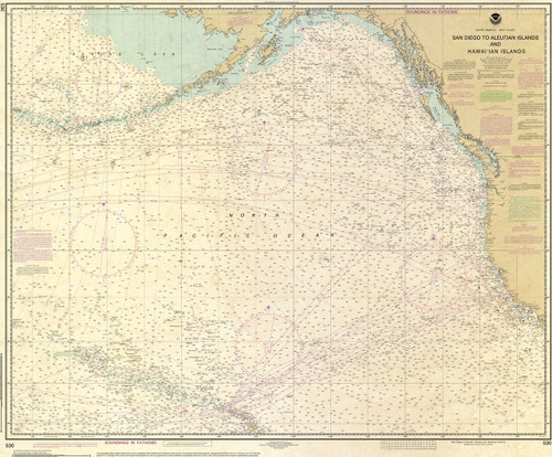 ANTIQUED NOAA Chart 530: North America West Coast San Diego to Aleutian Islands and Hawaiian Islands