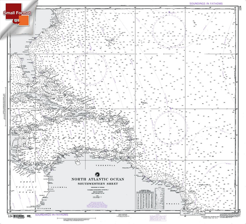 NGA Chart 124: North Atlantic Ocean Southwestern Sheet, Approx. Size 21" x 23" (SMALL FORMAT WATERPROOF)