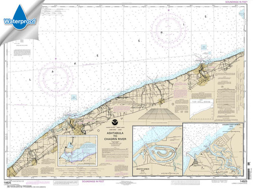 HISTORICAL WATERPROOF NOAA Chart 14825: Ashtabula to Chagrin River;Mentor Harbor;Chagrin River