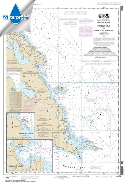 HISTORICAL WATERPROOF NOAA Chart 14869: Thunder Bay Island to Presque Isle;Stoneport Harbor;Resque Isle Harbor