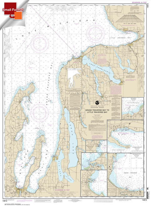 HISTORICAL SMALL FORMAT NOAA Chart 14913: Grand Traverse Bay to Little Traverse Bay;Harobr Springs;Petoskey;Elk Rapids;Suttons Bay;Northport;Traverse City