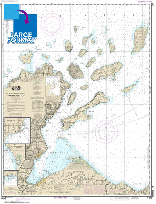 Large Format HISTORICAL NOAA Chart 14973: Apostle Islands: including Chequamegan Bay;Bayfield Harbor;Pikes Bay Harbor;La Pointe Harbor