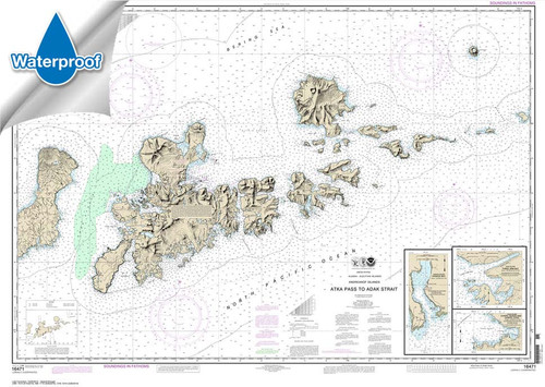 Waterproof HISTORICAL NOAA Chart 16471: Atka Pass to Adak Strait;Three Arm Bay: Adak Island;Kanaga Bay: Kanaga Island;Chapel Roads and Chapel Cove: Adak Island