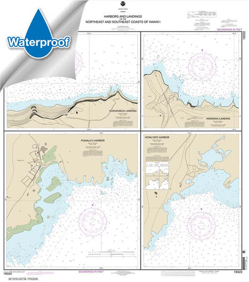 Waterproof HISTORICAL NOAA Chart 19322: Harbors and Landings on the Northeast and Southeast Coasts of Hawai'i;Punalu'u Harbor;Honu'apo Bay;Honokaa Landing;Kukuihaele Landing