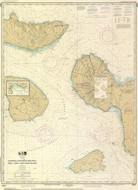 ANTIQUED NOAA Chart 19347: Channels Between Molokai: Maui: Lana'i and Kaho'olawe; Manele Bay