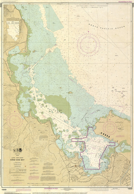ANTIQUED NOAA Chart 19359: O'ahu East Coast Kane'ohe Bay
