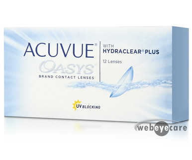 A box of Acuvue Oasys 12 Pack contact lenses, tilted to the side.