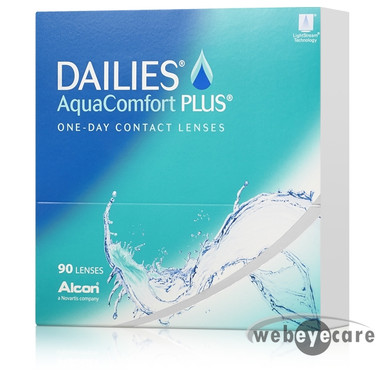 A photo of a box of DAILIES AquaComfort Plus 90 Pack contact lenses at an angle.