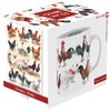 Gift boxed white coffee mug with vintage illustrations of hens and roosters of various breeds.