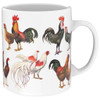 White coffee mug with vintage illustrations of hens and roosters of various breeds.