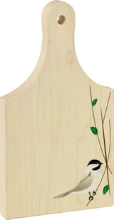 9 inch maple cutting board with Chickadee print in bottom corner 9 inch maple cutting board with Chickadee print in bottom corner