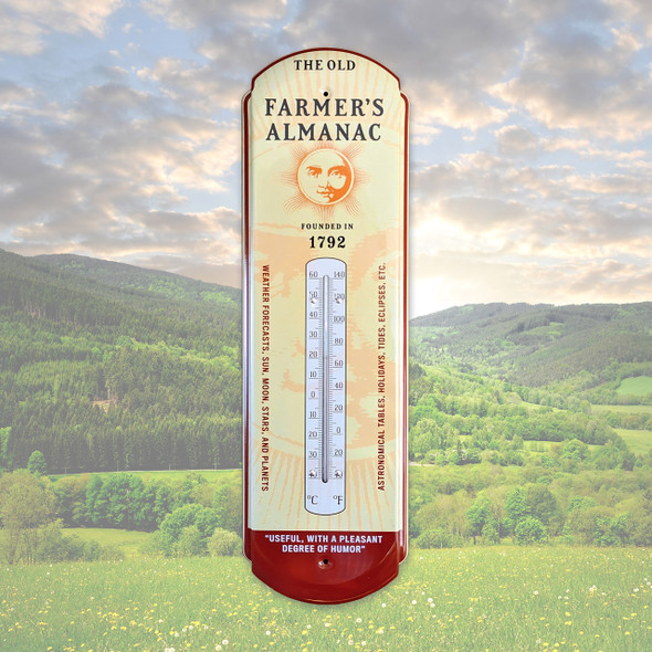 Vintage-style thermometer with 'The Old Farmer's Almanac' logo and slogans, showing temperature in Fahrenheit and Celsius