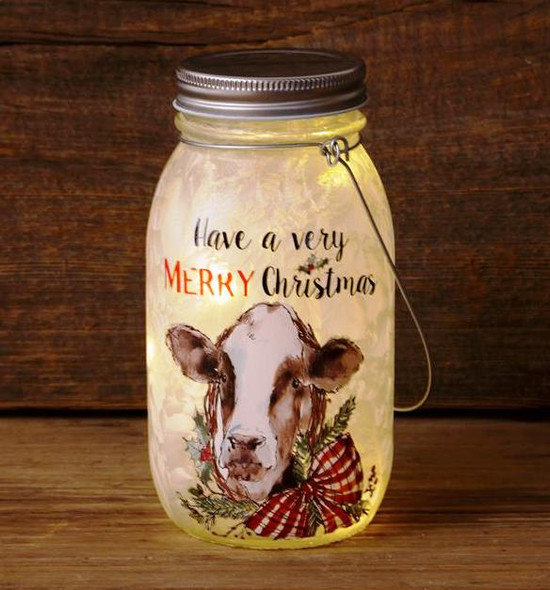 Farmhouse Christmas - Frosted Glass Mason Jar - Cow