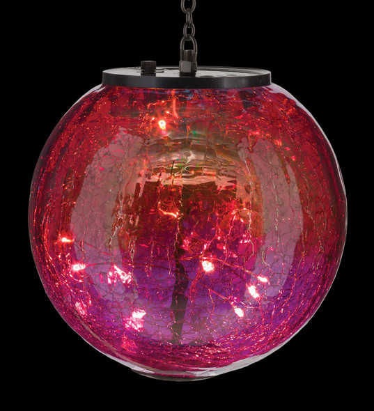 close up view of a round, red and pink glass globe lantern with crackle texture on glass illuminated -  On/off switch and hanging chain visible at top of globe