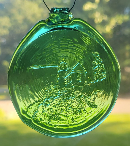 Green glass suncatcher featuring the Bass Harbor Light Station in Maine.