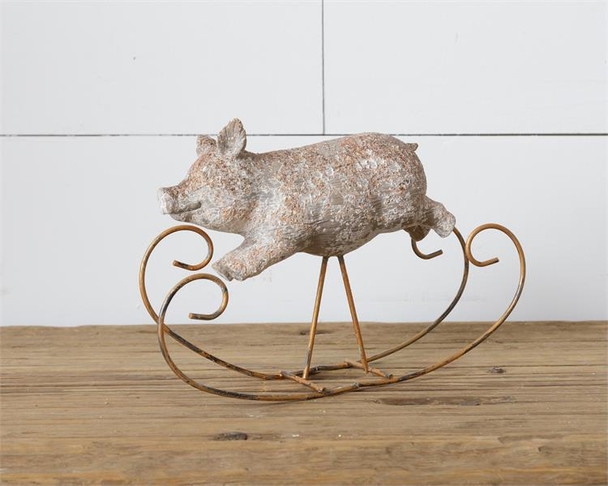 Rustic resin pig decor on rocking horse base,