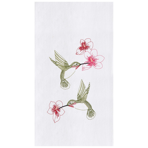 Embroidered flour sack kitchen towel with colorful hummingbird motif