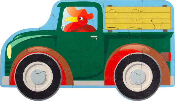 13 piece jigsaw puzzle, large interlocking pieces, recommended for kids over 3 years old, Vintage farm truck with a rooster driving