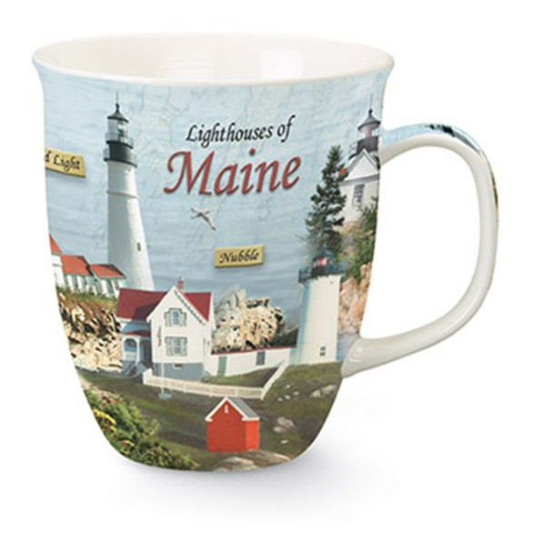 coffee mug featuring light houses of the state of Maine
