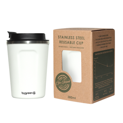 GO GREEN  - REUSABLE COFFEE CUP 304SS 380ML D/WALL - WHITE