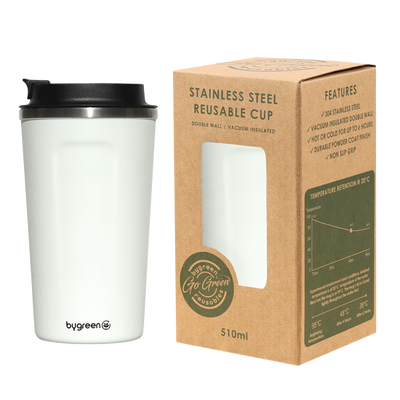 GO GREEN - REUSABLE COFFEE CUP 304SS510ML D/WALL - WHITE