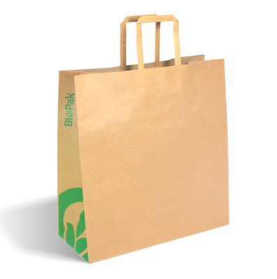 BIOPAK FSC KRAFT RECYCLED PAPER BAG - FLAT PAPER HANDLE - MEDIUM (320x340x140) 200/CARTON