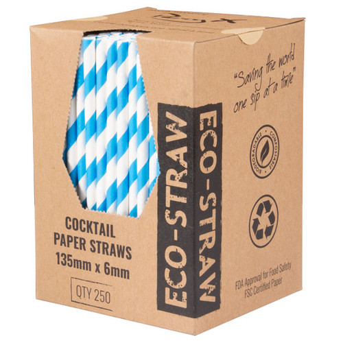 Bygreen Paper Cocktail Straws - BLUE STRIPE 250Pk