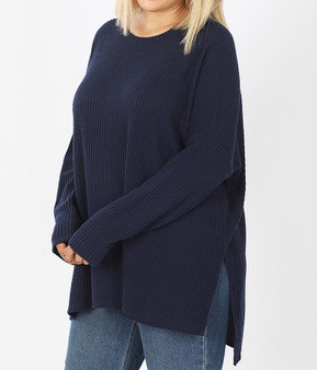 PLUS SIZE BRUSHED THERMAL WAFFLE ROUND NECK HI-LOW HEM SWEATER