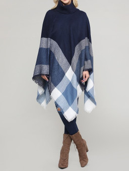 BAGEL Turtleneck Pullover Fringed Hem Poncho in 2 Colors