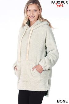 HOODED FAUX FUR KANGAROO POCKETS PULLOVER
