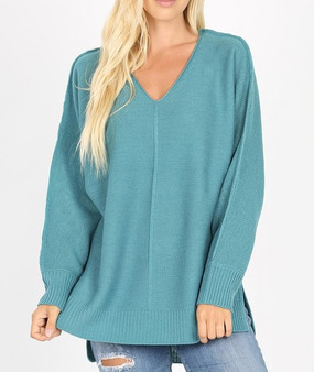PLUS SIZE  SEAM DETAILED V-NECK SWEATER RIBBED TRIM
