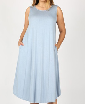 PLUS VISCOSE SLEEVELESS ROUND NECK DRESS BLUE