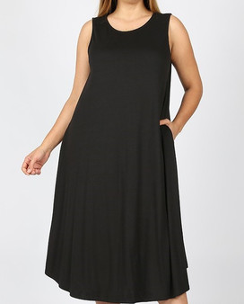 PLUS SIZE VISCOSE SLEEVELESS ROUND NECK DRESS BLACK