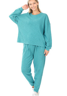 FRENCH TERRY DROP SHOULDER TOP & LOUNGE PANTS SET TEAL