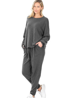 FRENCH TERRY DROP SHOULDER TOP & LOUNGE PANTS SET MEDIUM GRAY