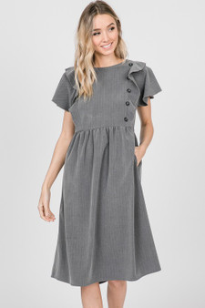 Woven Striped Dress with Button and Ruffle