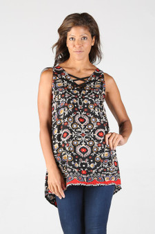 CRISS CROSS V-NECK TOP WITH HI-LO HEM