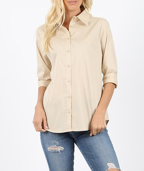 PLUS SIZE COTTON 3/4 SLEEVE CLASSIC BUTTON SHIRT 