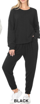 FRENCH TERRY DROP SHOULDER TOP & LOUNGE PANTS SET BLACK
